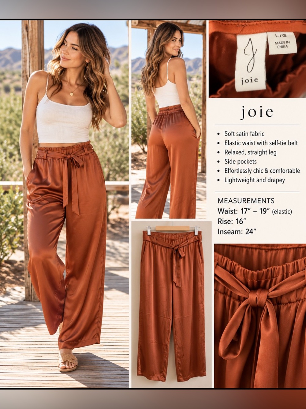 Joie Copper-Brown Satin Wide-Leg Pants